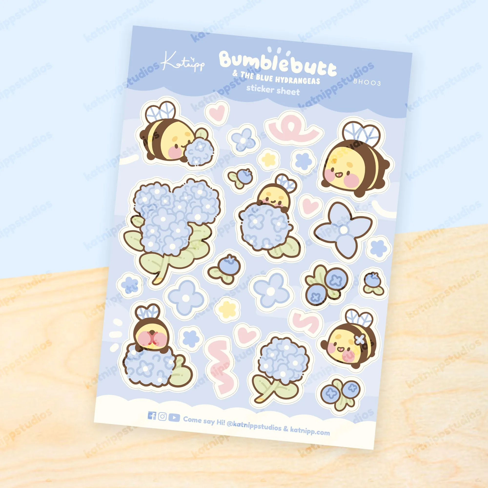 Bumblebutt & Blue Hydrangeas A5 Sticker Sheet | Cute Kawaii Bee & Floral Stickers | Pastel Hydrangea Stickers | BH003