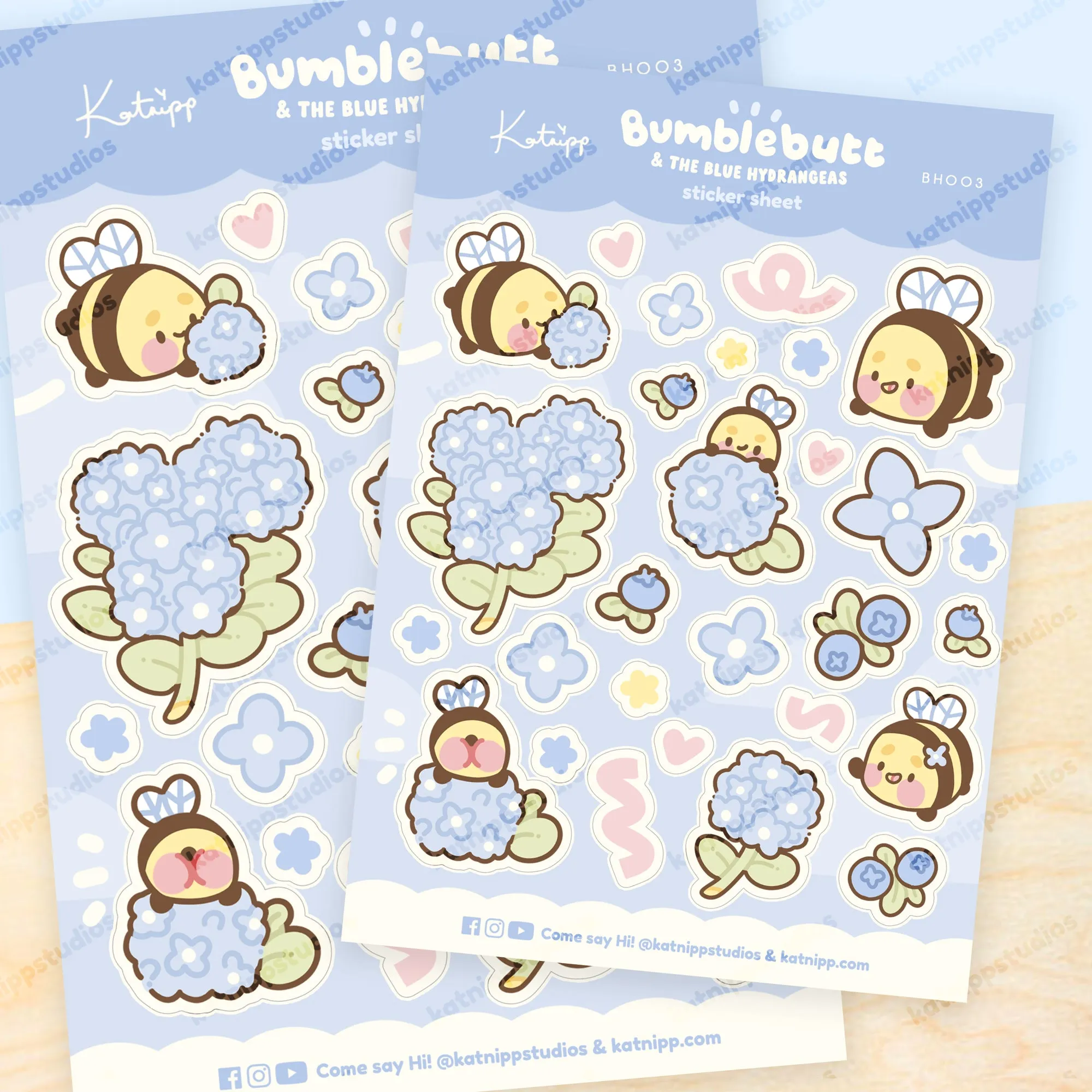 Bumblebutt & Blue Hydrangeas A5 Sticker Sheet | Cute Kawaii Bee & Floral Stickers | Pastel Hydrangea Stickers | BH003