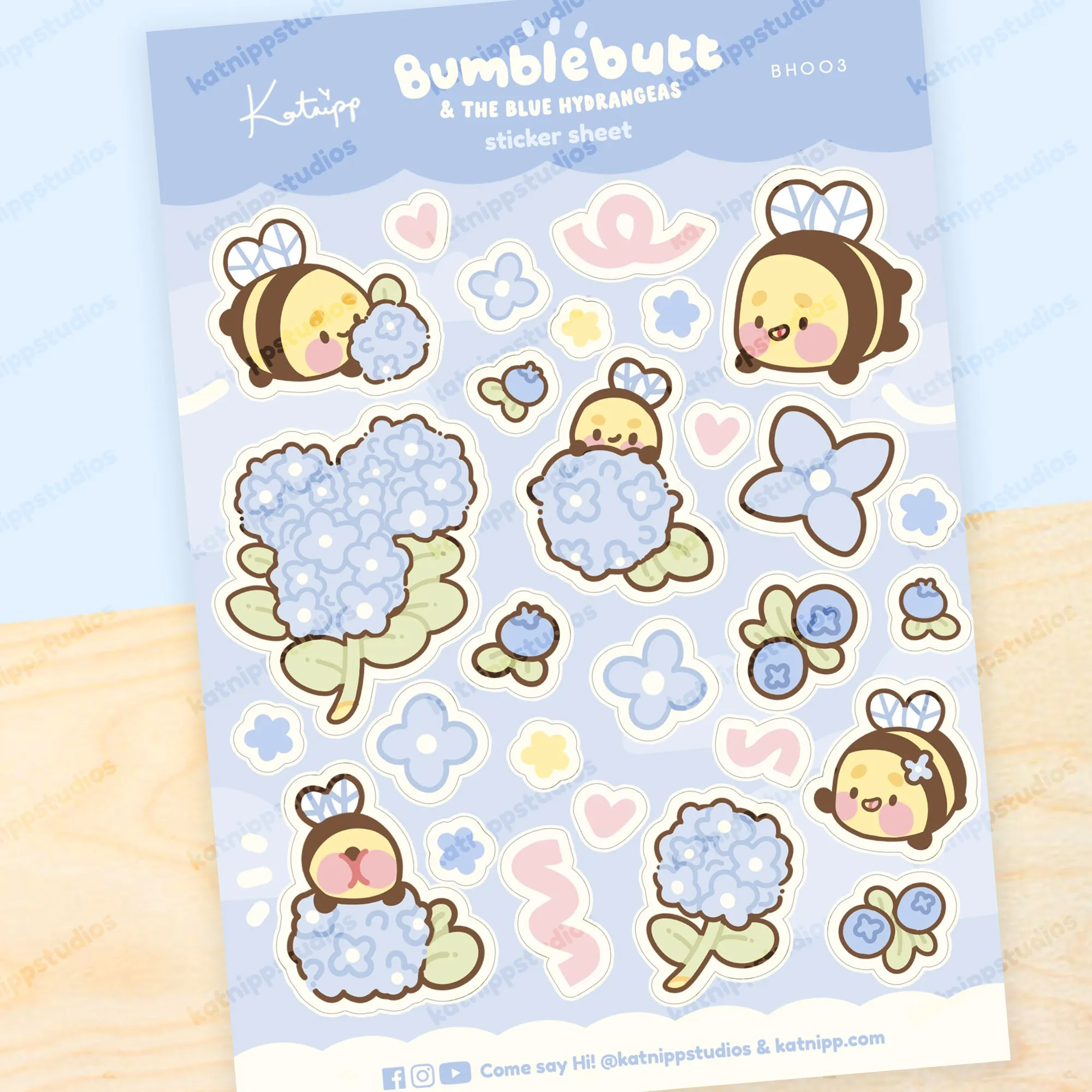 Bumblebutt & Blue Hydrangeas A5 Sticker Sheet | Cute Kawaii Bee & Floral Stickers | Pastel Hydrangea Stickers | BH003