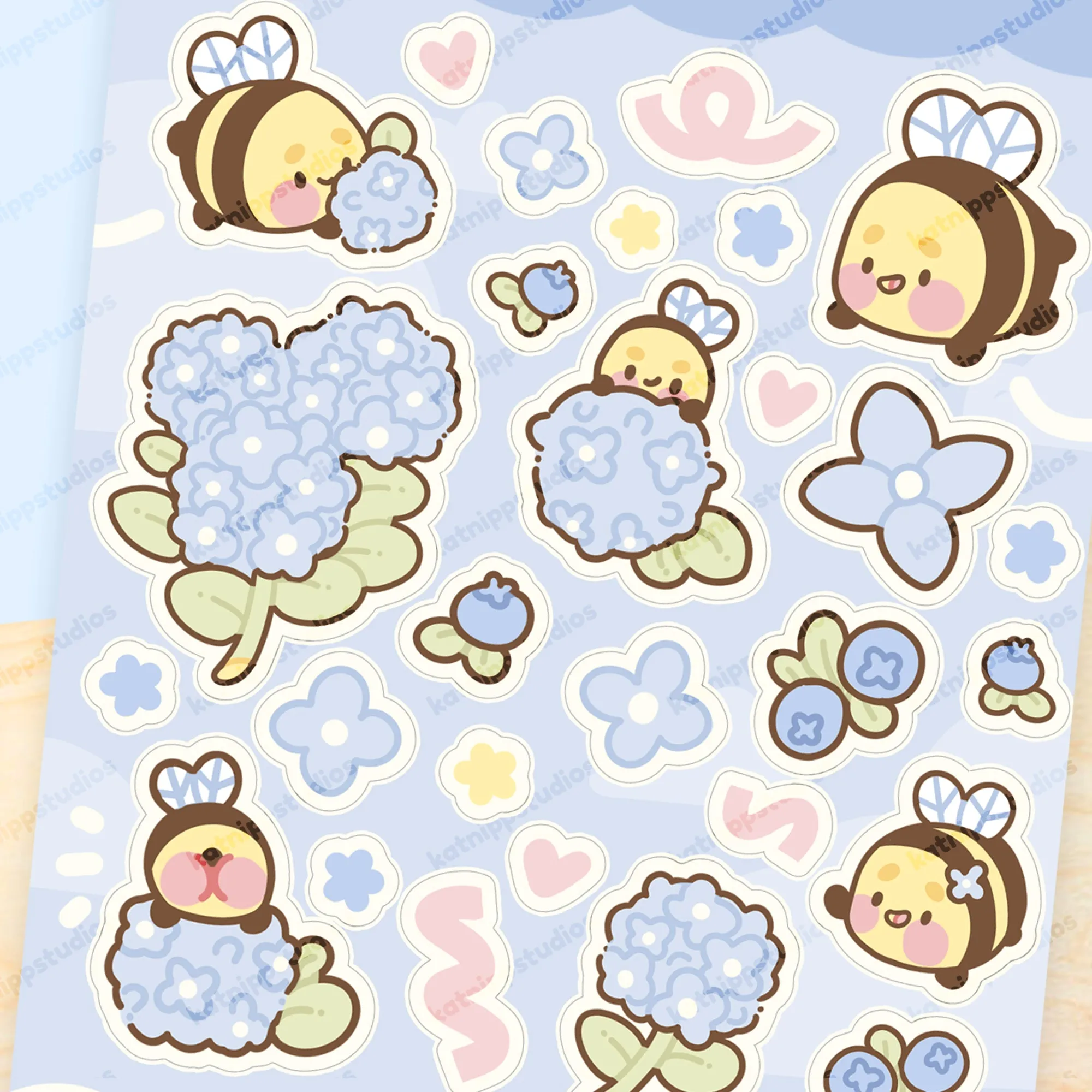 Bumblebutt & Blue Hydrangeas A5 Sticker Sheet | Cute Kawaii Bee & Floral Stickers | Pastel Hydrangea Stickers | BH003