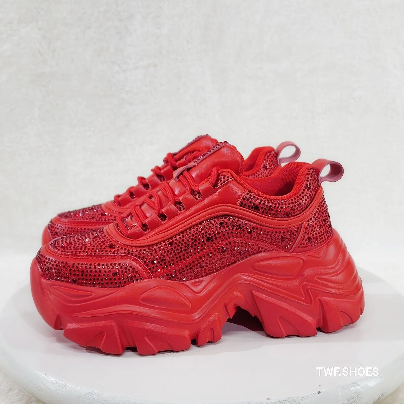 Cush Sport Rhinestone Comfy Platform Light Weight Sneakers Red