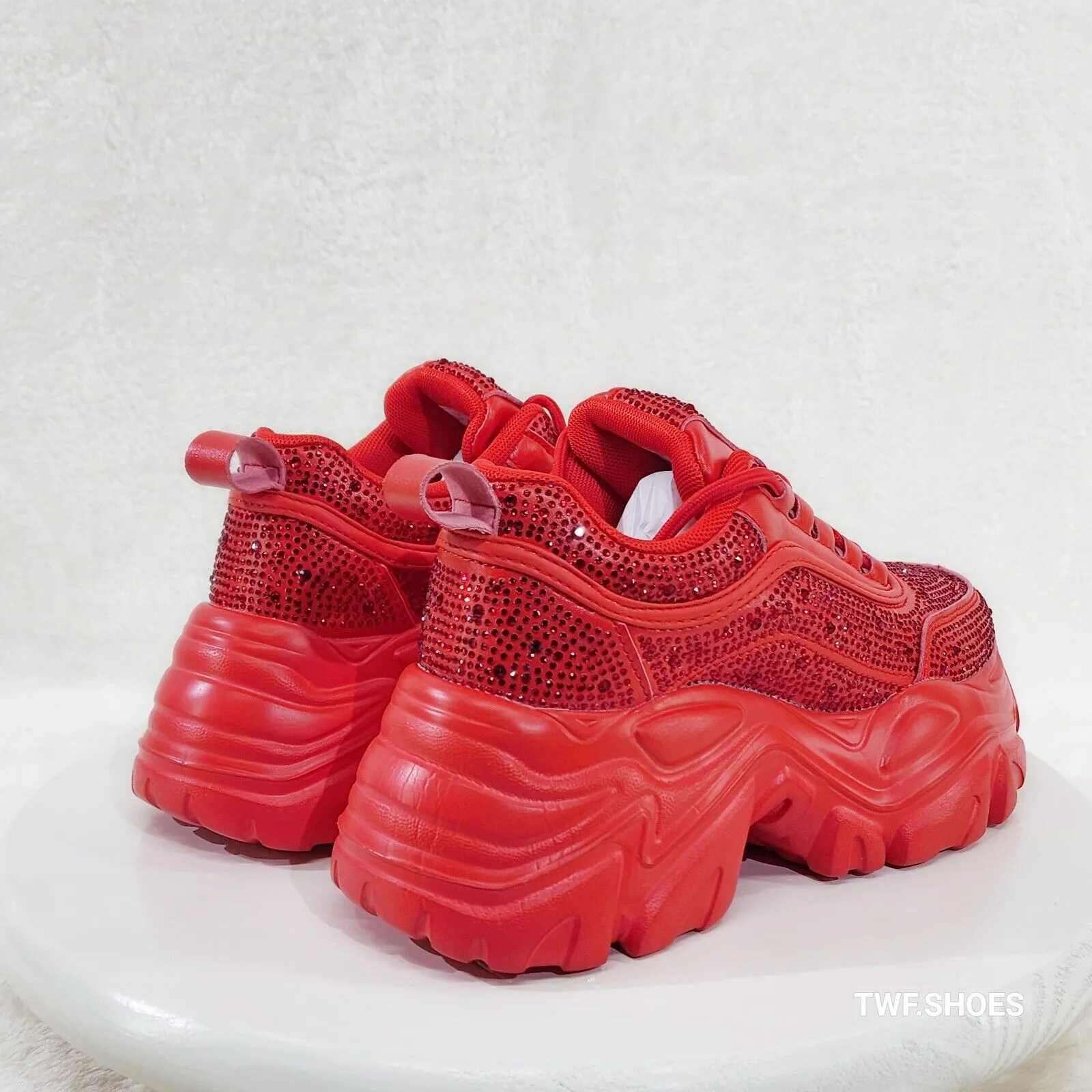 Cush Sport Rhinestone Comfy Platform Light Weight Sneakers Red