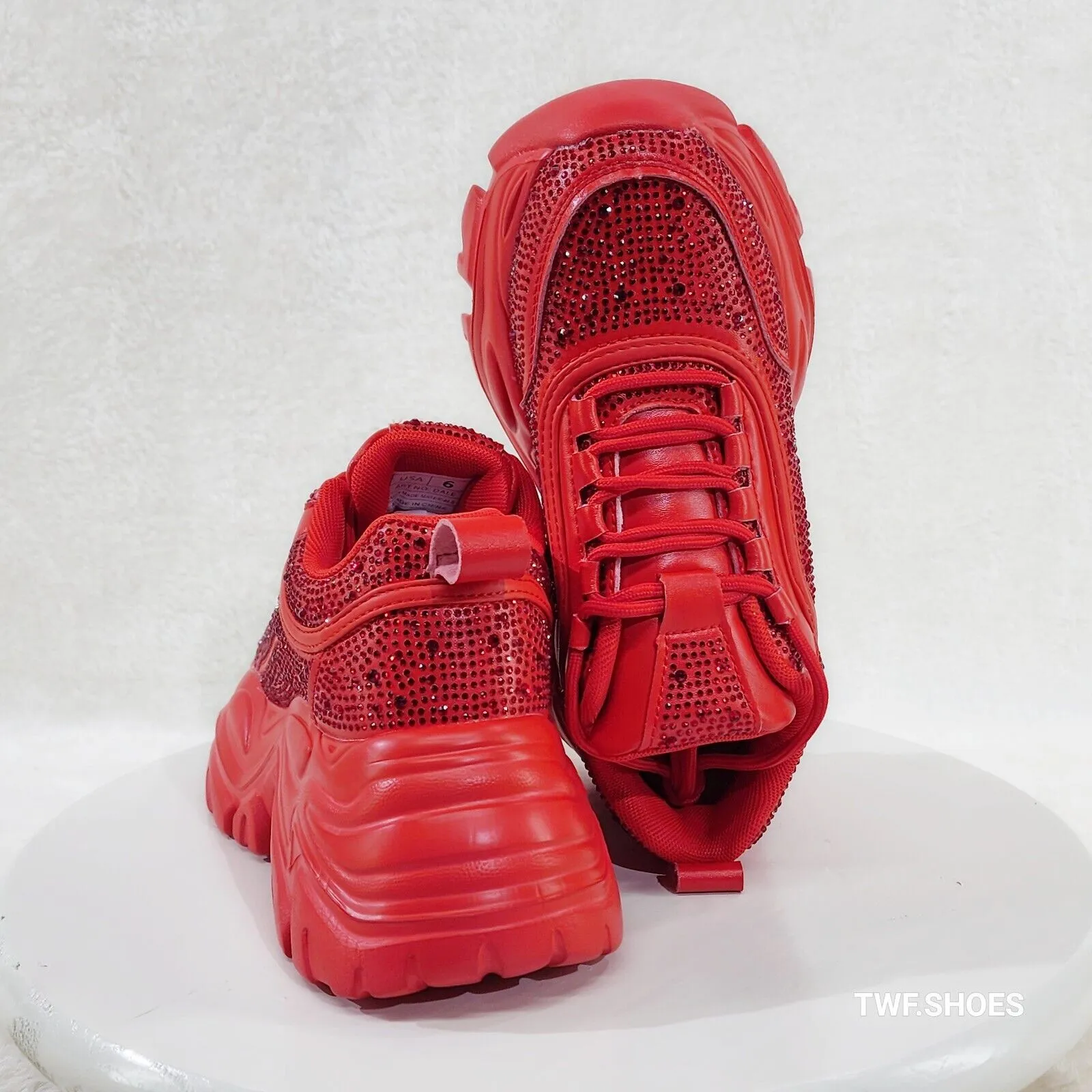 Cush Sport Rhinestone Comfy Platform Light Weight Sneakers Red