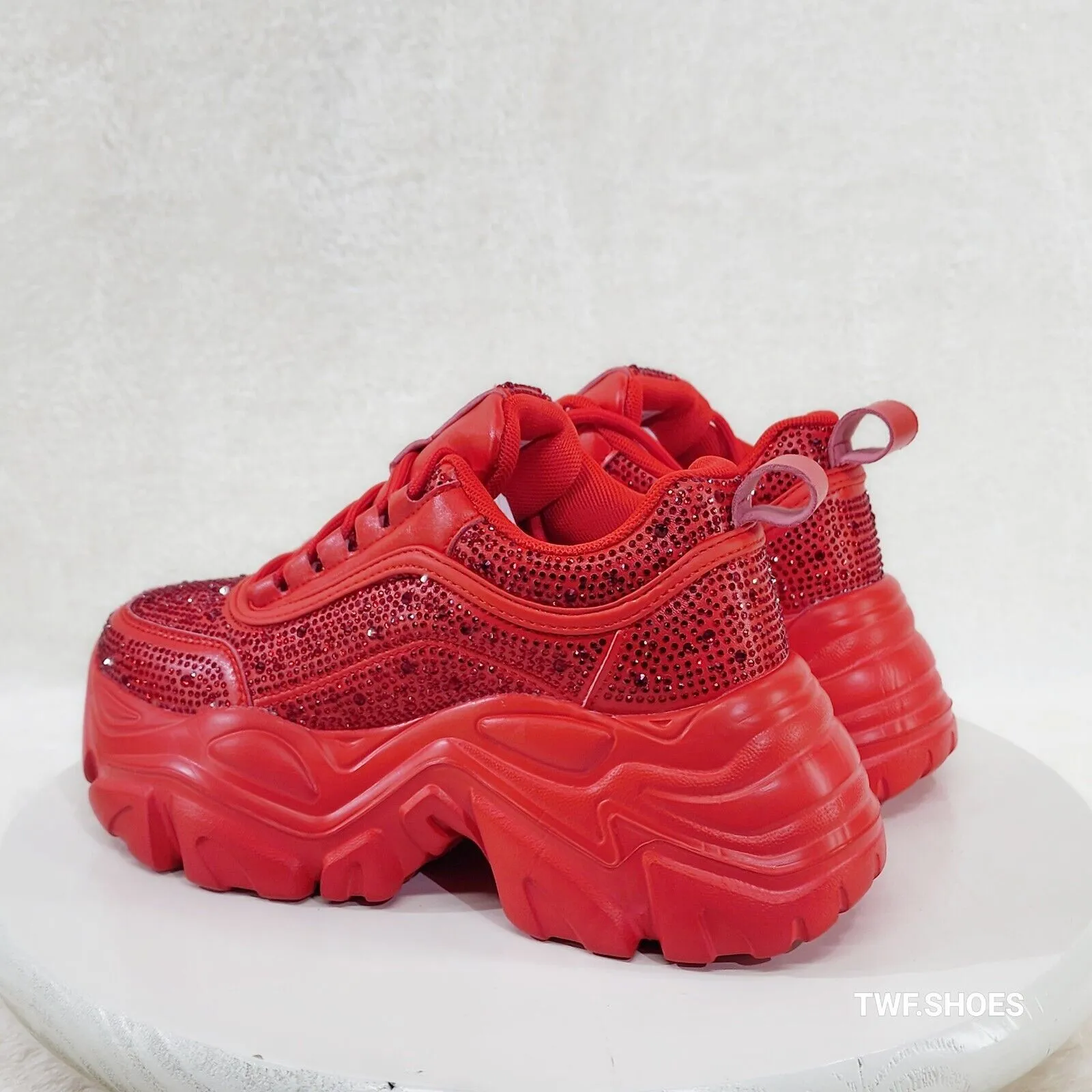 Cush Sport Rhinestone Comfy Platform Light Weight Sneakers Red