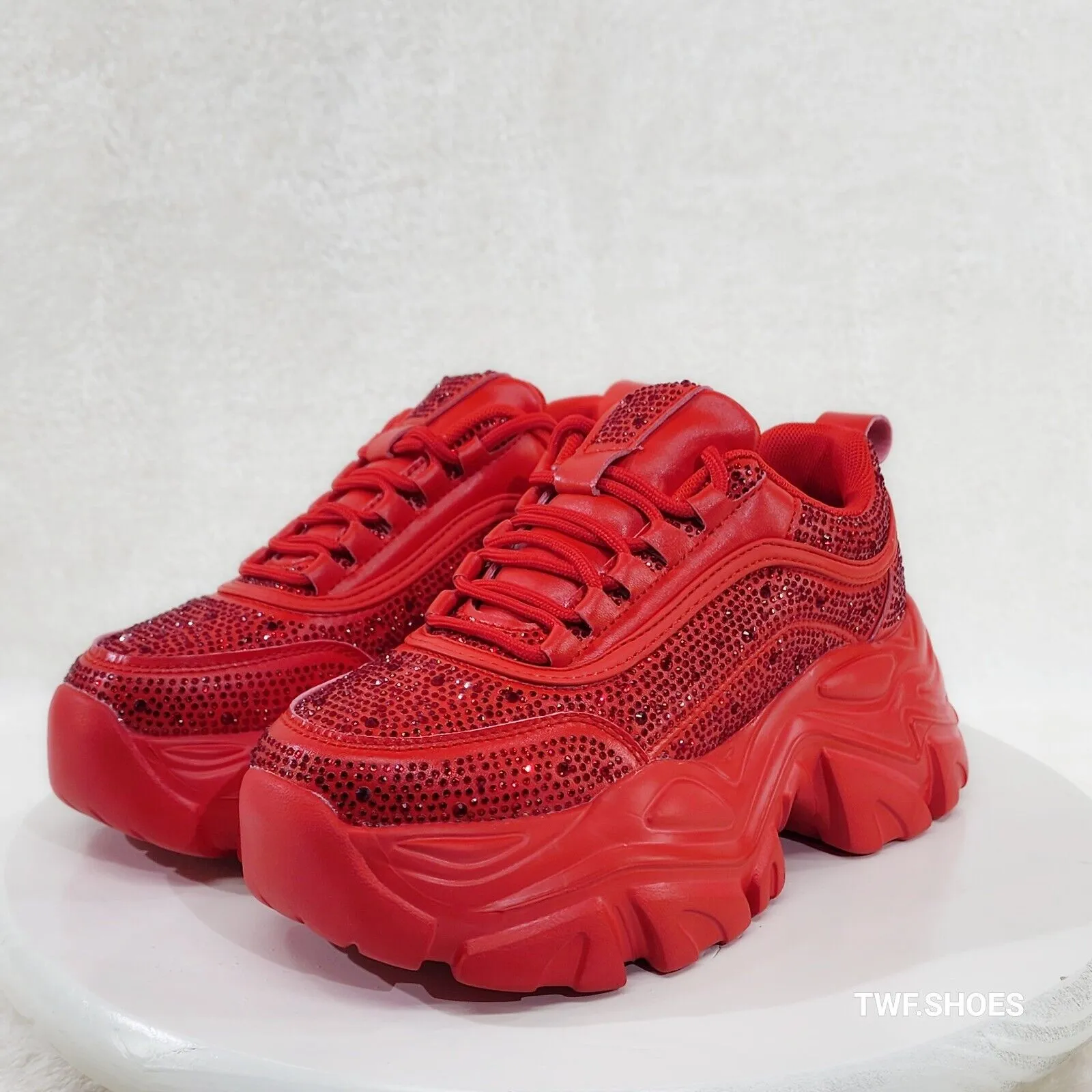 Cush Sport Rhinestone Comfy Platform Light Weight Sneakers Red