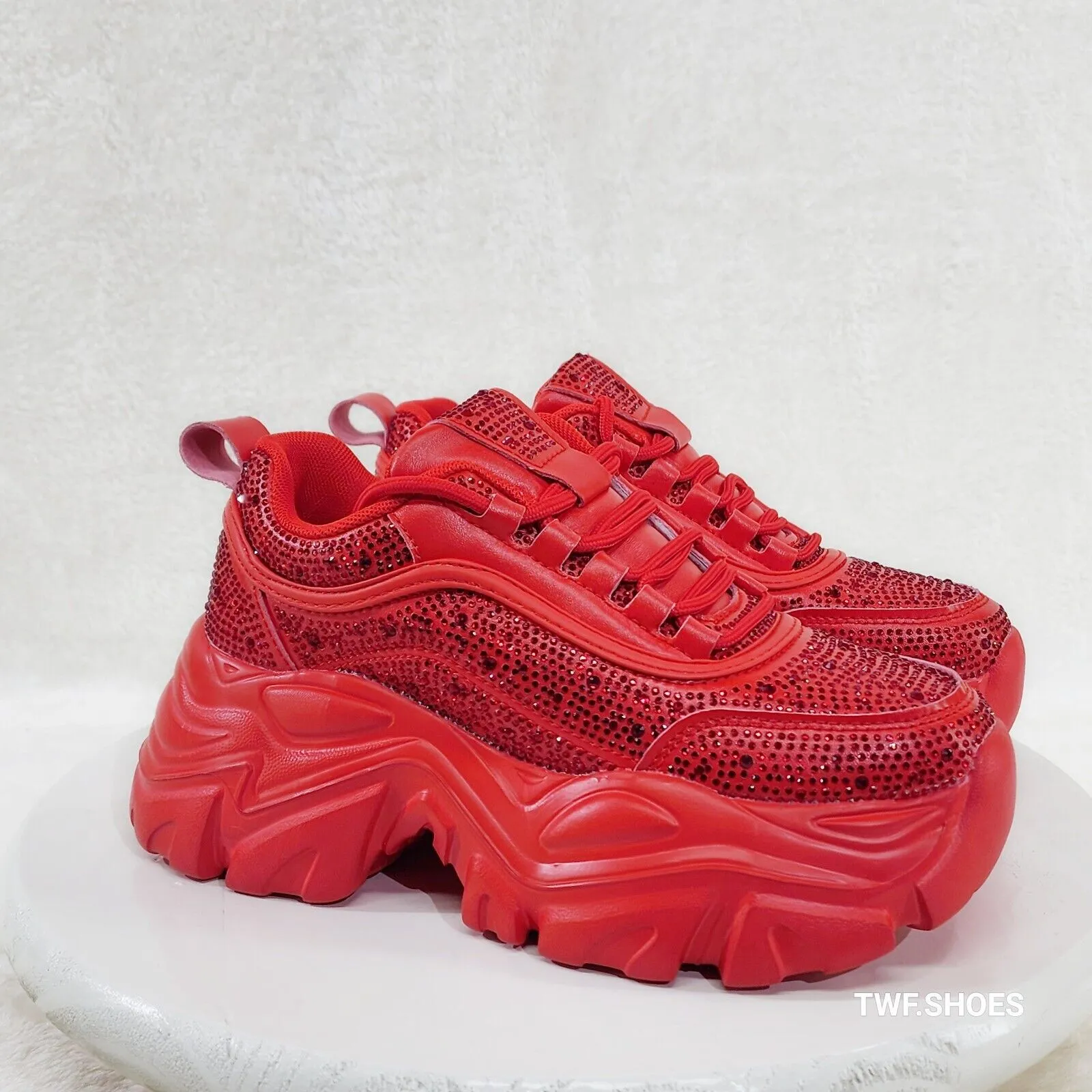 Cush Sport Rhinestone Comfy Platform Light Weight Sneakers Red