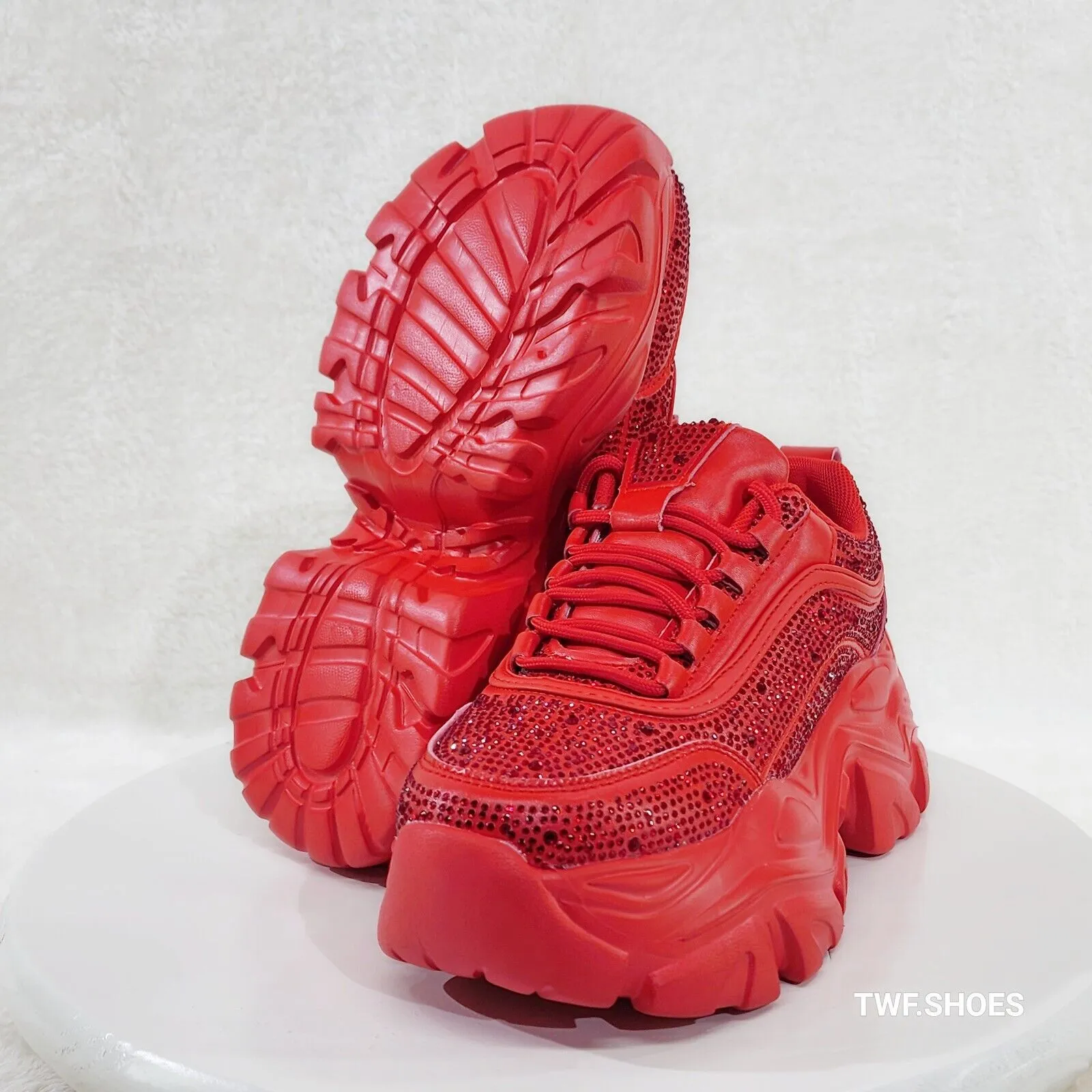 Cush Sport Rhinestone Comfy Platform Light Weight Sneakers Red