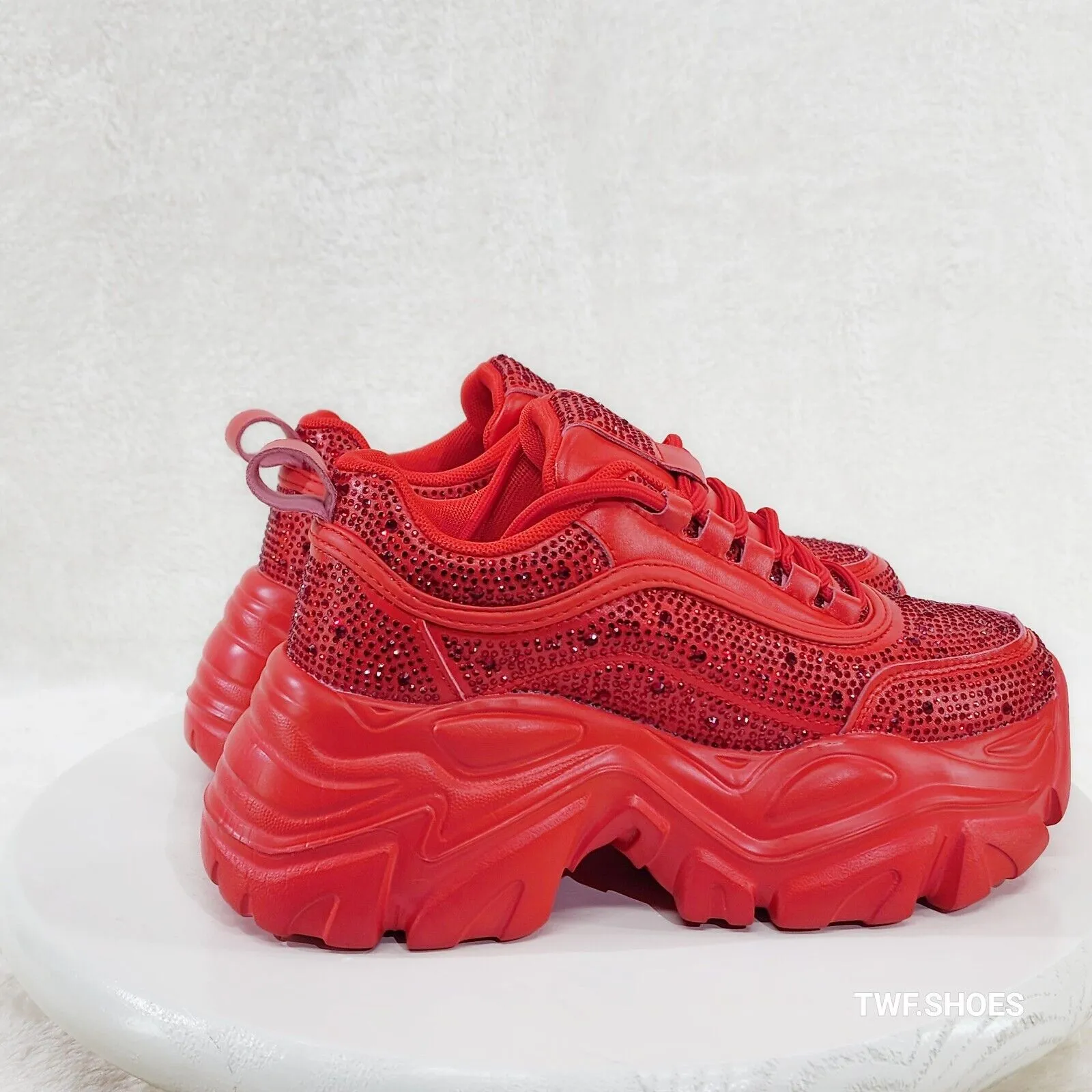 Cush Sport Rhinestone Comfy Platform Light Weight Sneakers Red