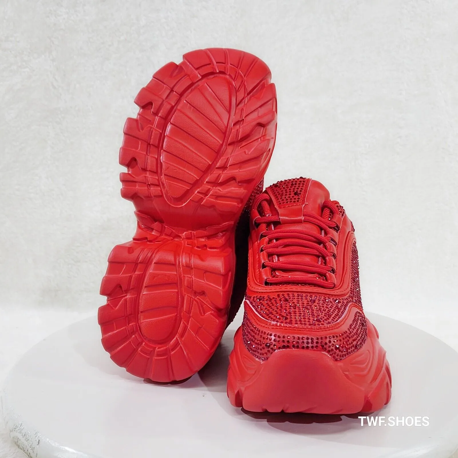 Cush Sport Rhinestone Comfy Platform Light Weight Sneakers Red