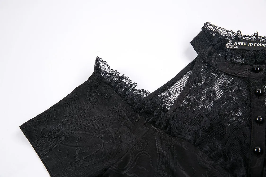 Gothic off-the-shoulder patterned T-shirt with lace and button row on top TW168