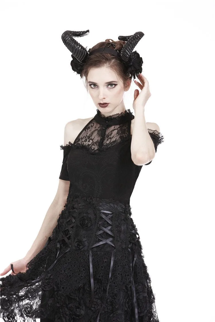 Gothic off-the-shoulder patterned T-shirt with lace and button row on top TW168