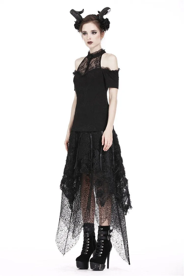 Gothic off-the-shoulder patterned T-shirt with lace and button row on top TW168
