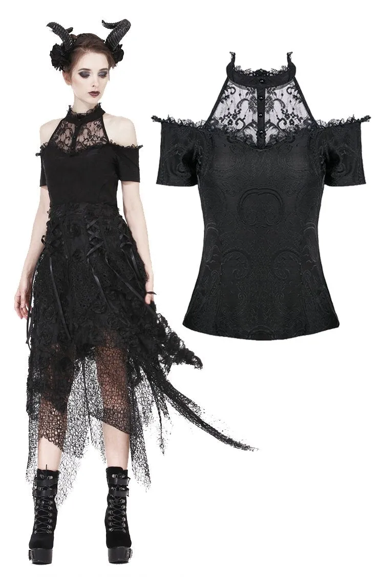 Gothic off-the-shoulder patterned T-shirt with lace and button row on top TW168