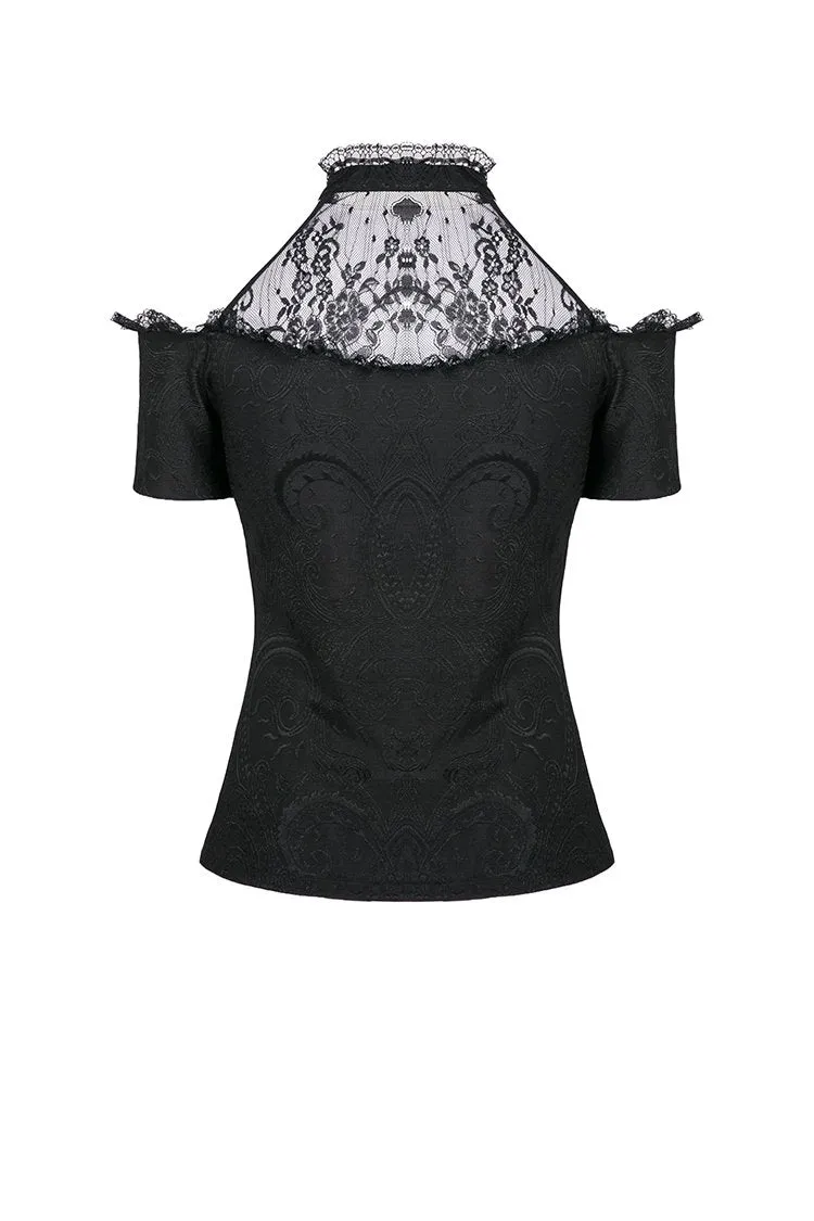Gothic off-the-shoulder patterned T-shirt with lace and button row on top TW168