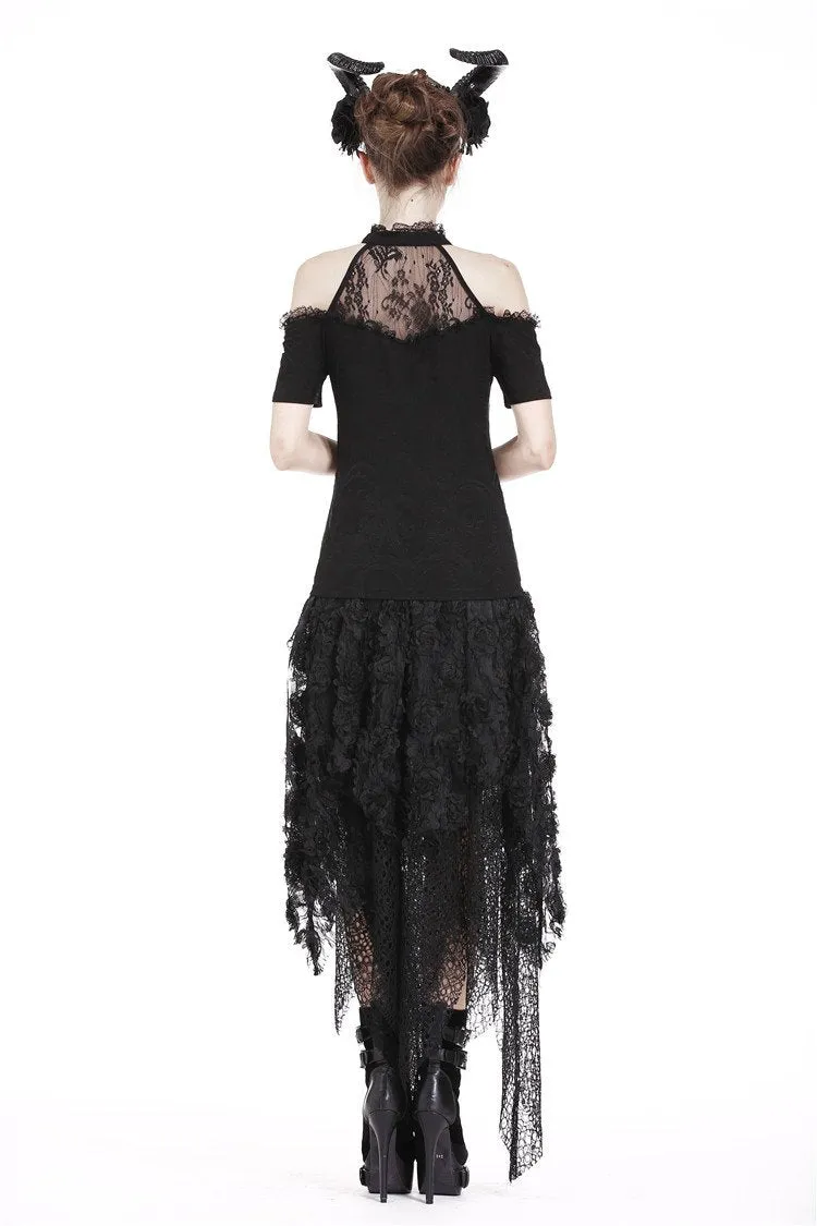 Gothic off-the-shoulder patterned T-shirt with lace and button row on top TW168