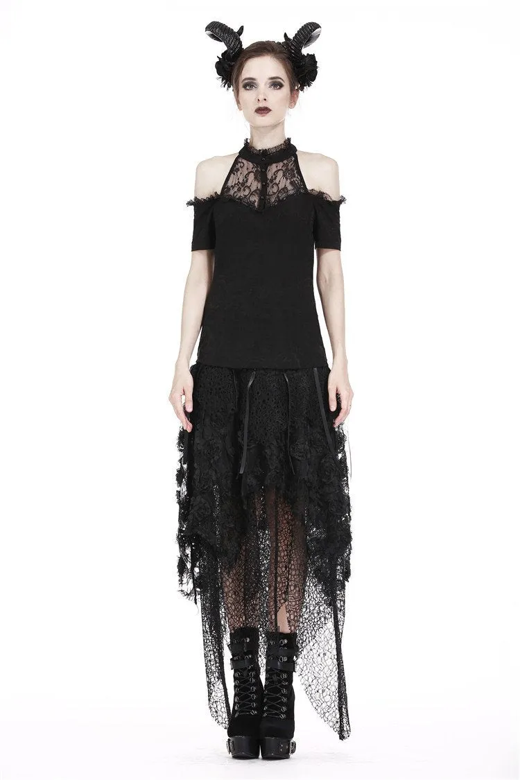 Gothic off-the-shoulder patterned T-shirt with lace and button row on top TW168