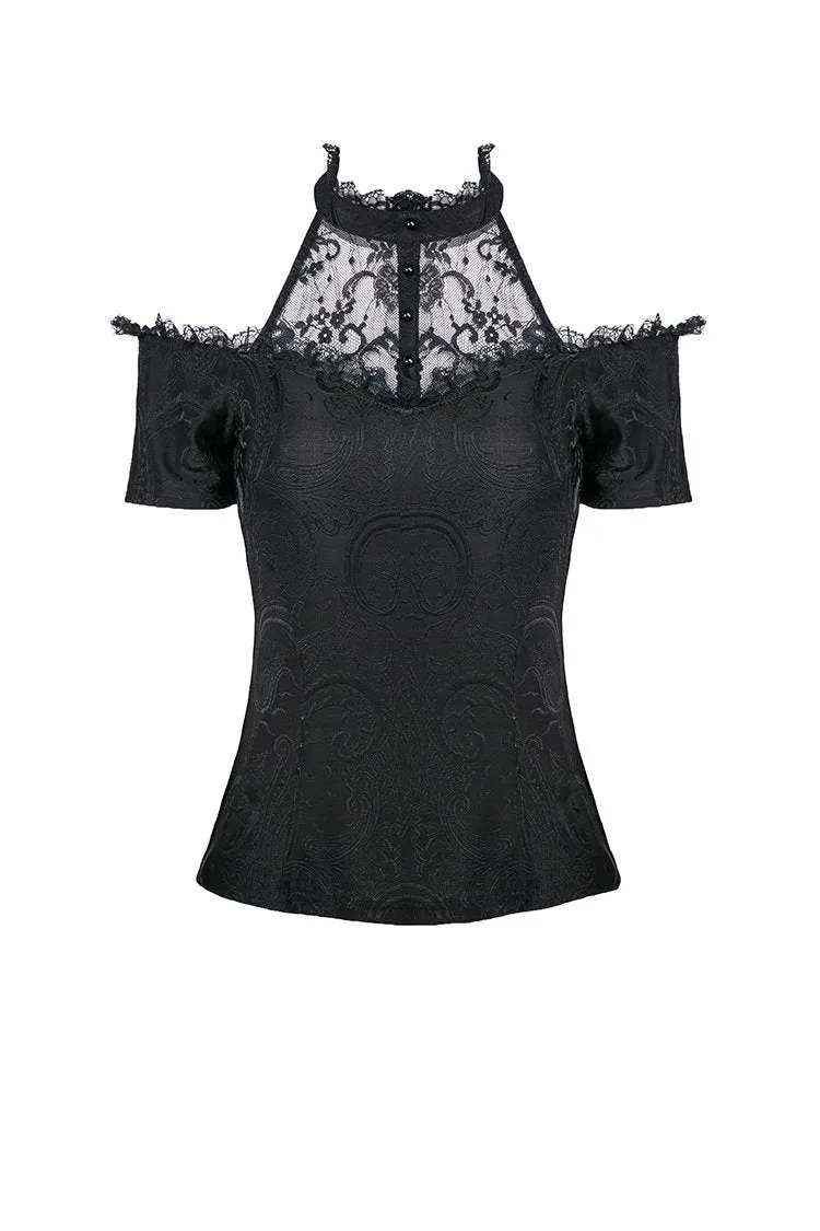 Gothic off-the-shoulder patterned T-shirt with lace and button row on top TW168