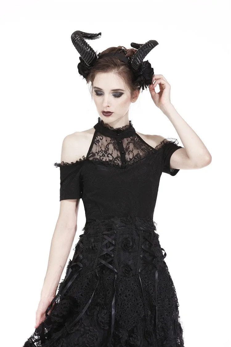 Gothic off-the-shoulder patterned T-shirt with lace and button row on top TW168