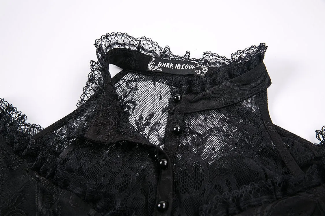 Gothic off-the-shoulder patterned T-shirt with lace and button row on top TW168