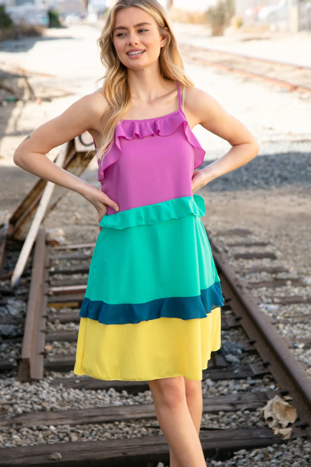 Splash Zones Ruffle Trim Color Block Dress