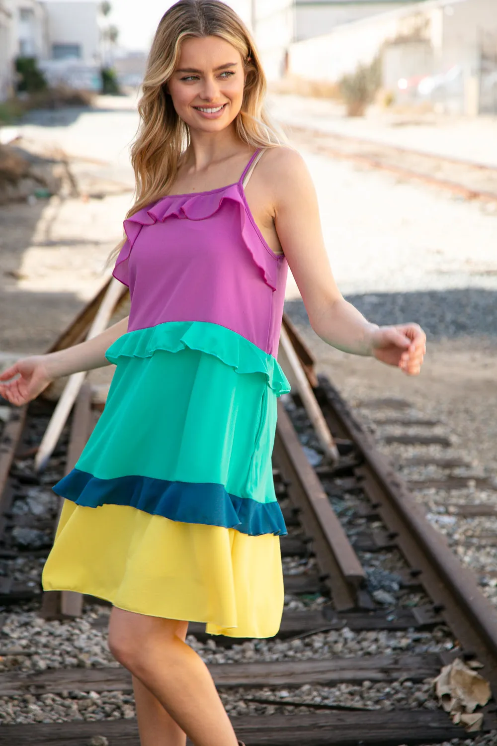 Splash Zones Ruffle Trim Color Block Dress